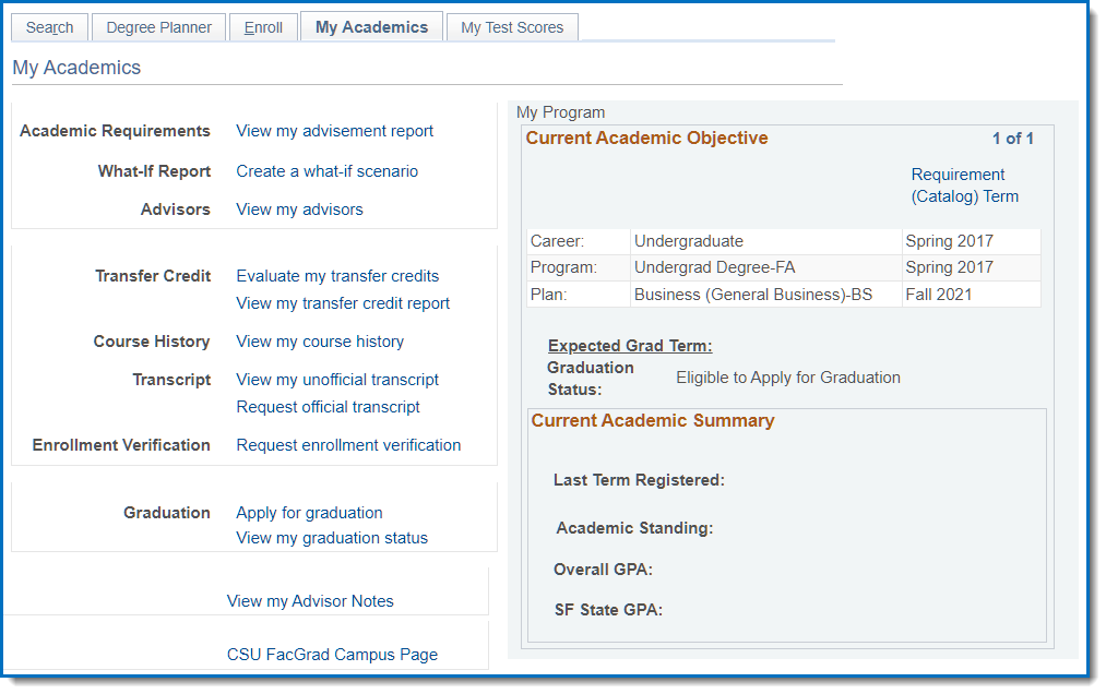 Student Center My Academics page showing the students update major