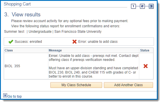 Enrollment error message that says reqs not met