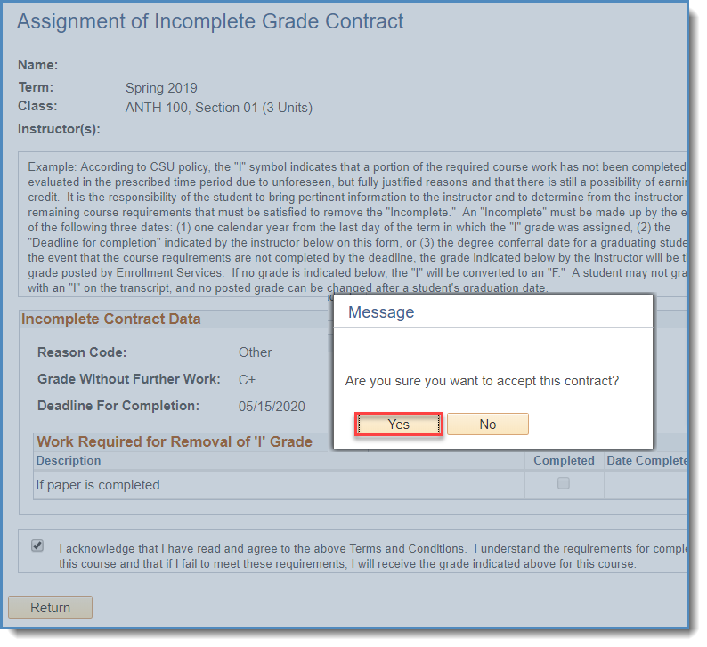 The verification screen after an incomplete was accepted