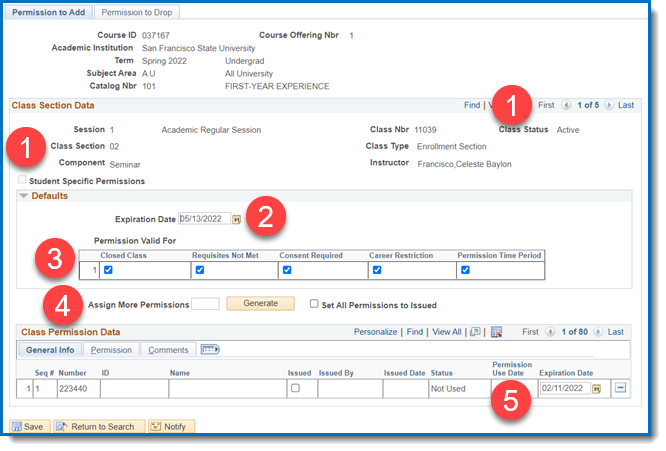 Class permissions permission to add tab showing the different fields