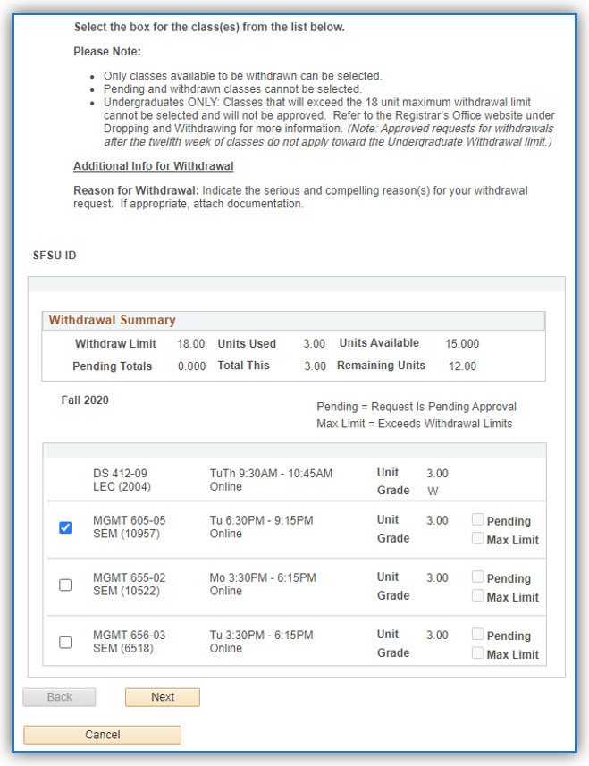 Withdrawal course options menu