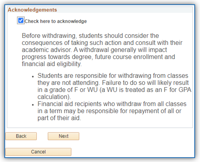 The withdrawal notification and information screen