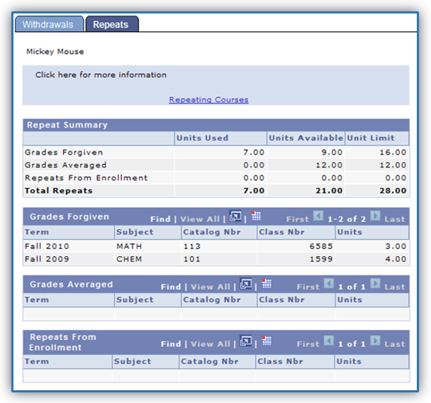 Repeat menu and data readout for students entire career