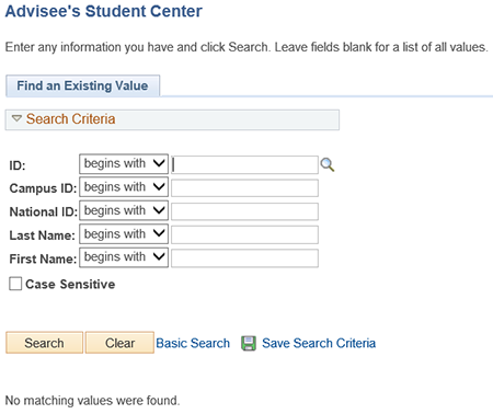 Advisor Center search menu