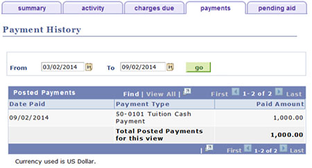 Payment history menu