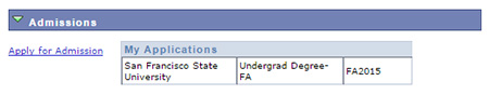 Student Center Menu with the admissions applications menu showing