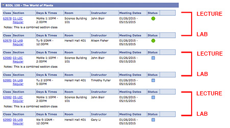 Class search results that list the lecture lab examples and show how they pair